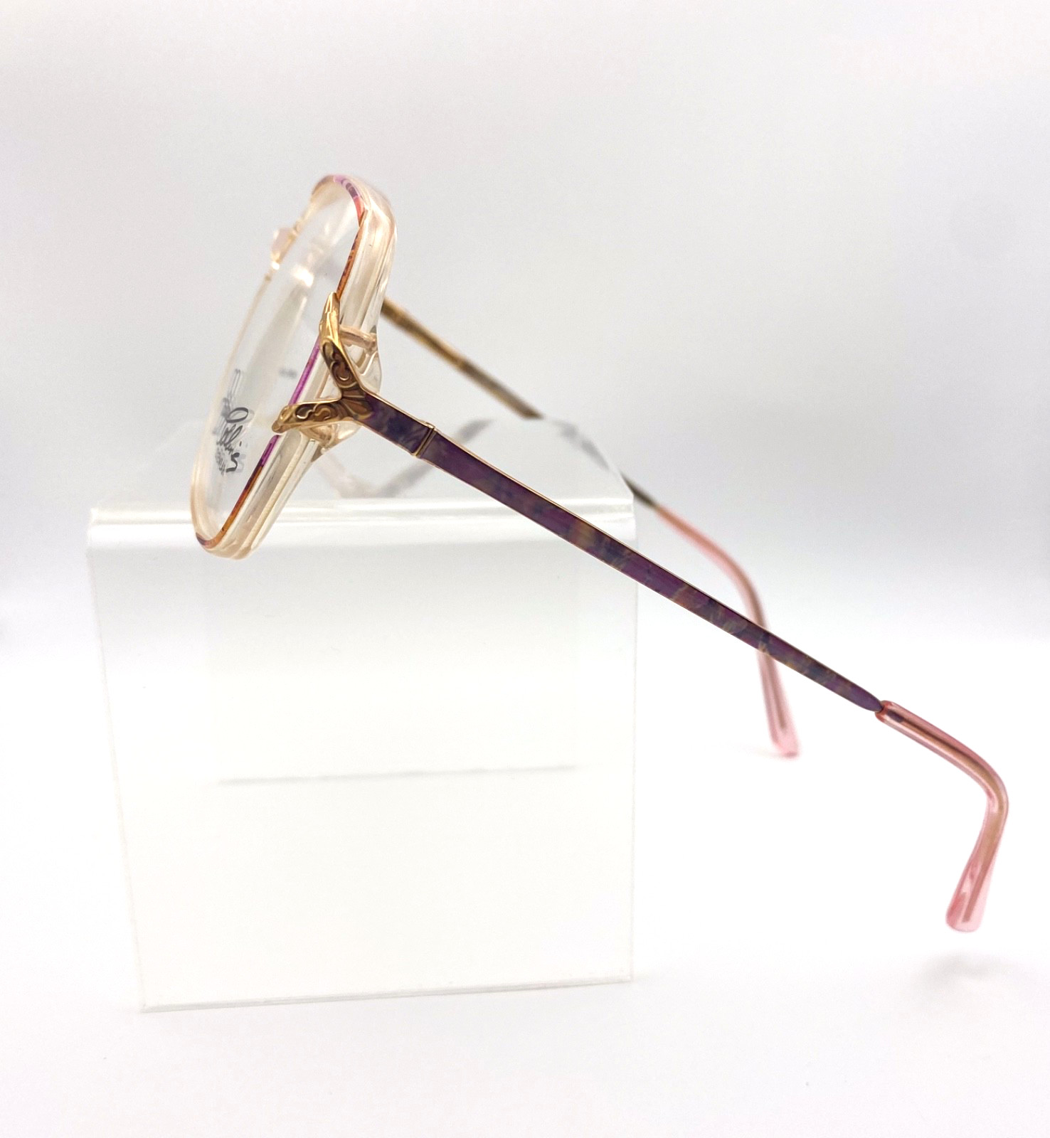Joan Collins Oversized Square Clear Pink Gold Eyeglasses Vintage 1980s NOS