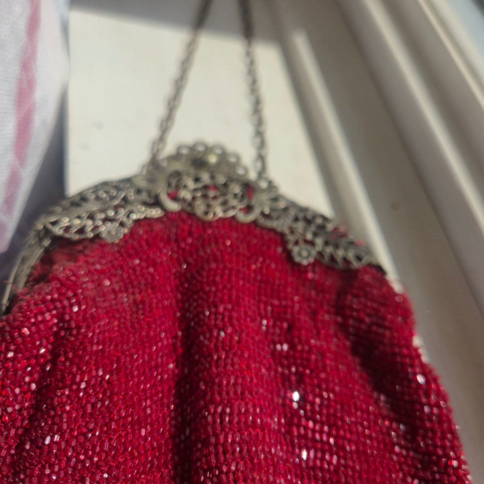 Antique Red Beaded Pouch Purse Ornate Brass Filigree Kiss Lock Reticule Tassel B
