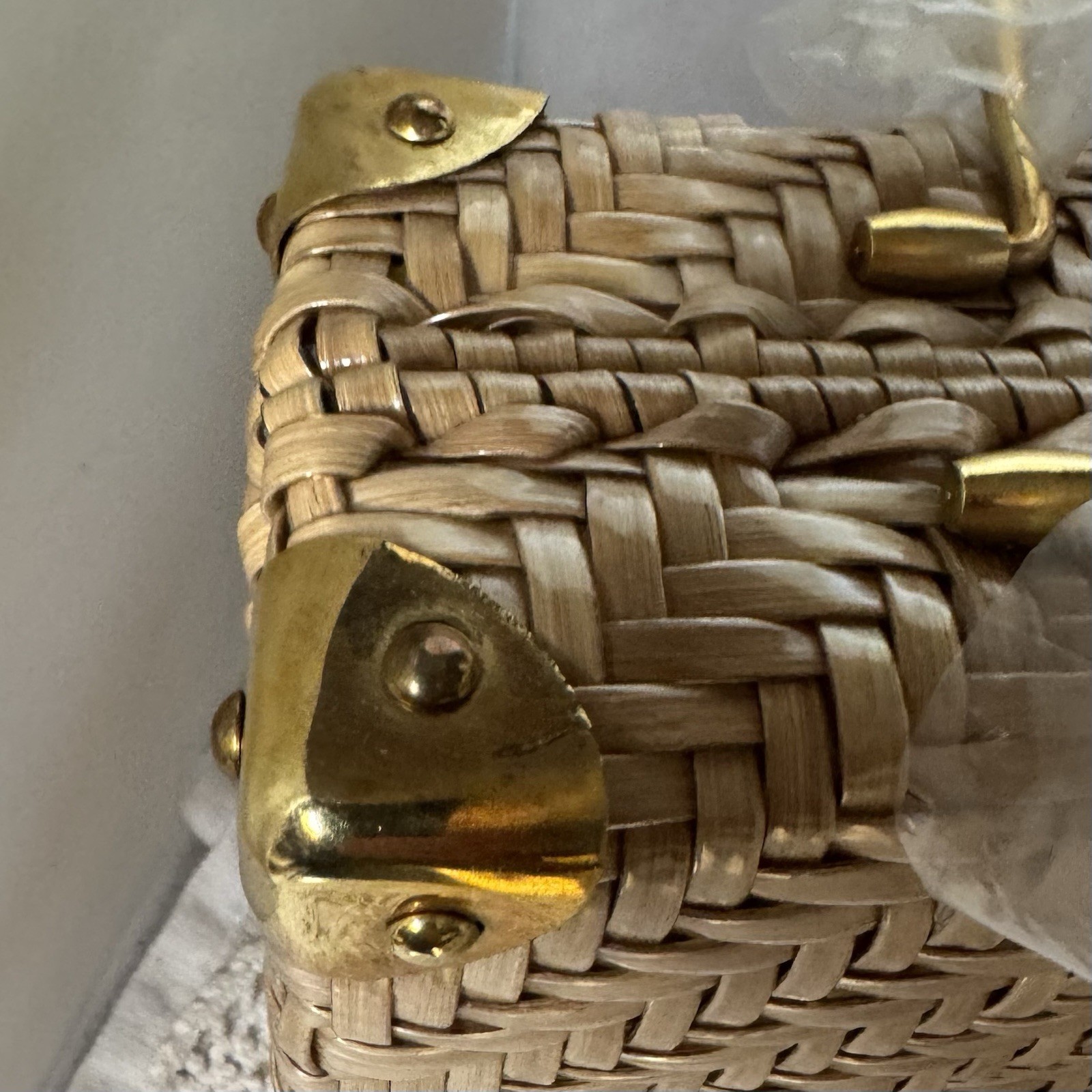 Vintage Marcus Brothers Wicker Box Purse Tan With Gold Tone Handles & Trim New