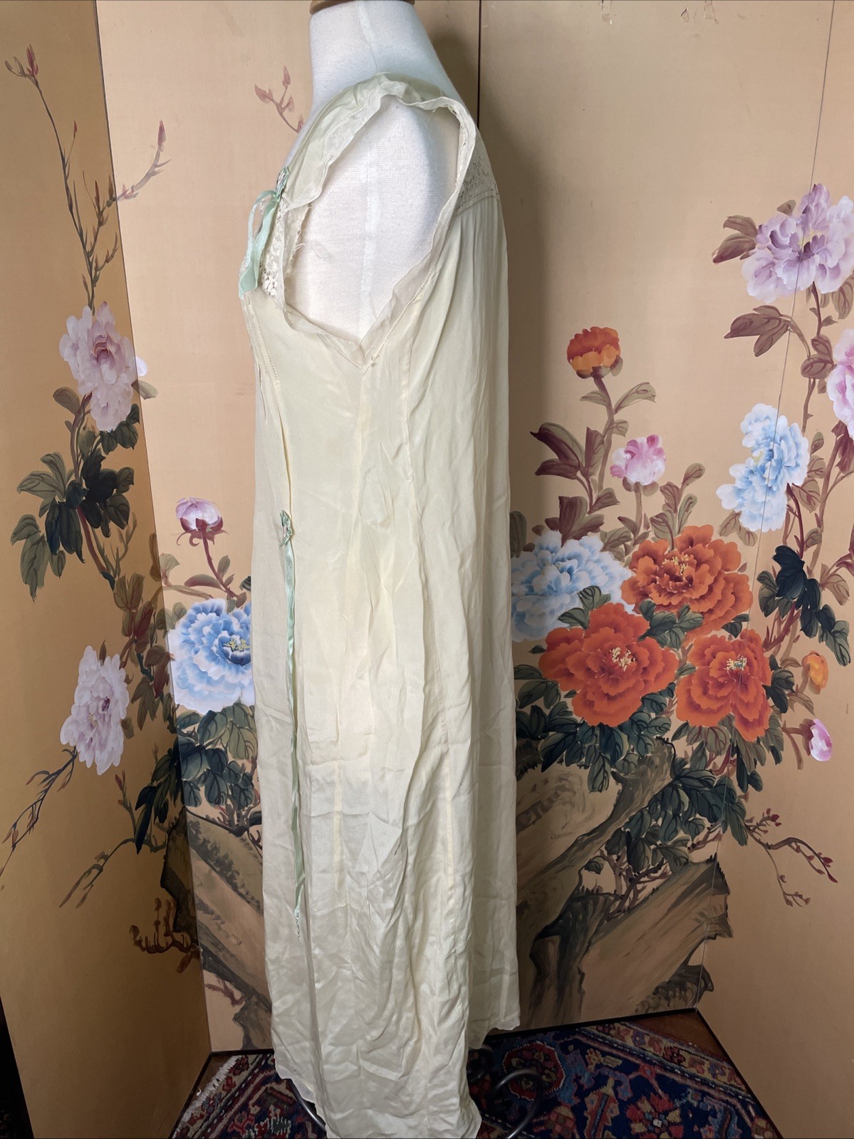 Antique Edwardian 1910s Nightgown Silk Lace Trim Maxi Lingerie Shift Dress 1900s