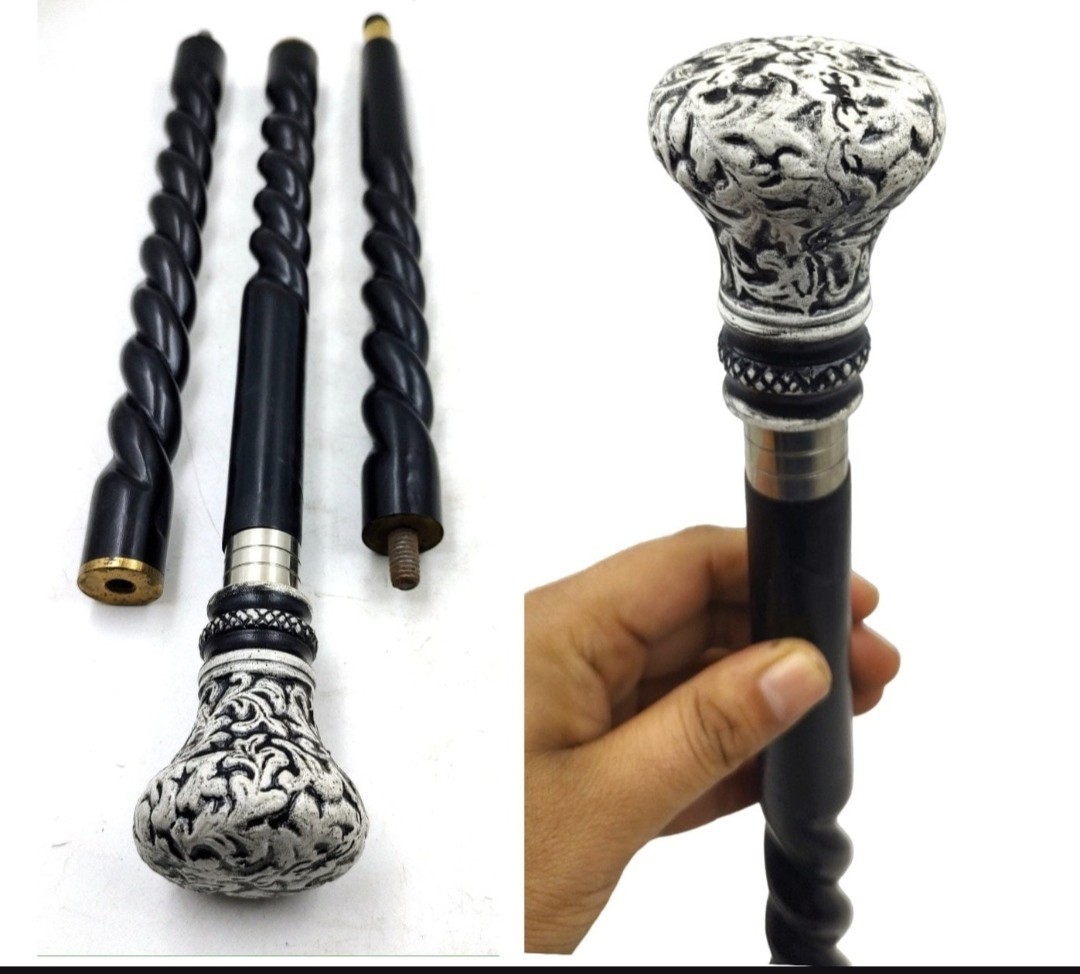 Victorian Wooden Walking Cane Silver Royal Handle 3-Piece Folding Stick Vintage