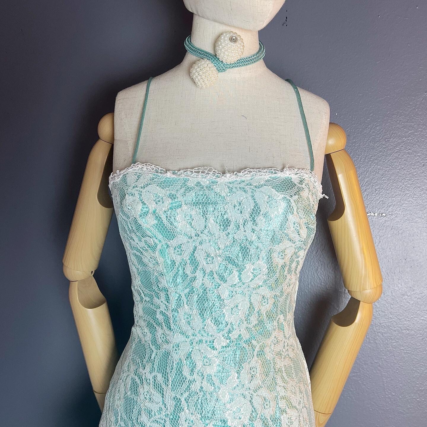 NEW LEAF 80’s 80s Aqua Metallic White Floral Lace Mermaid Vintage Prom Dress XS