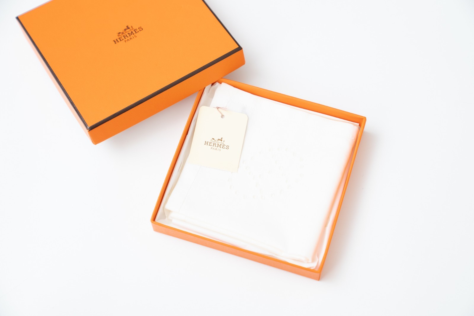 Hermès Handkerchief — White Cotton with H Logo — 45 × 45 cm — New with Box & Tag