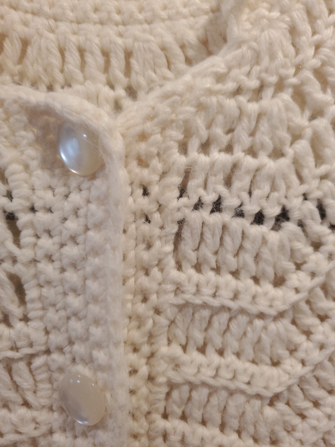 Vintage 1970s Crocheted Zigzag Button Down Poncho Shawl Ivory Fringe Boho