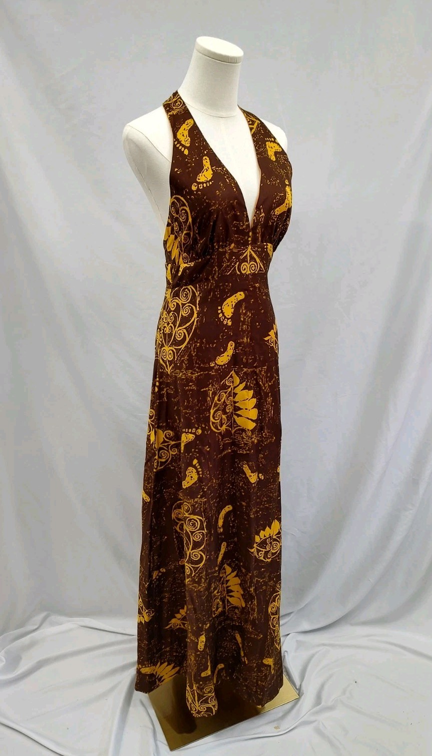 70’s Vintage Hawaiian Dress Maxi Halter Tiki Barefoot Beach Print Brown Sz XS/S