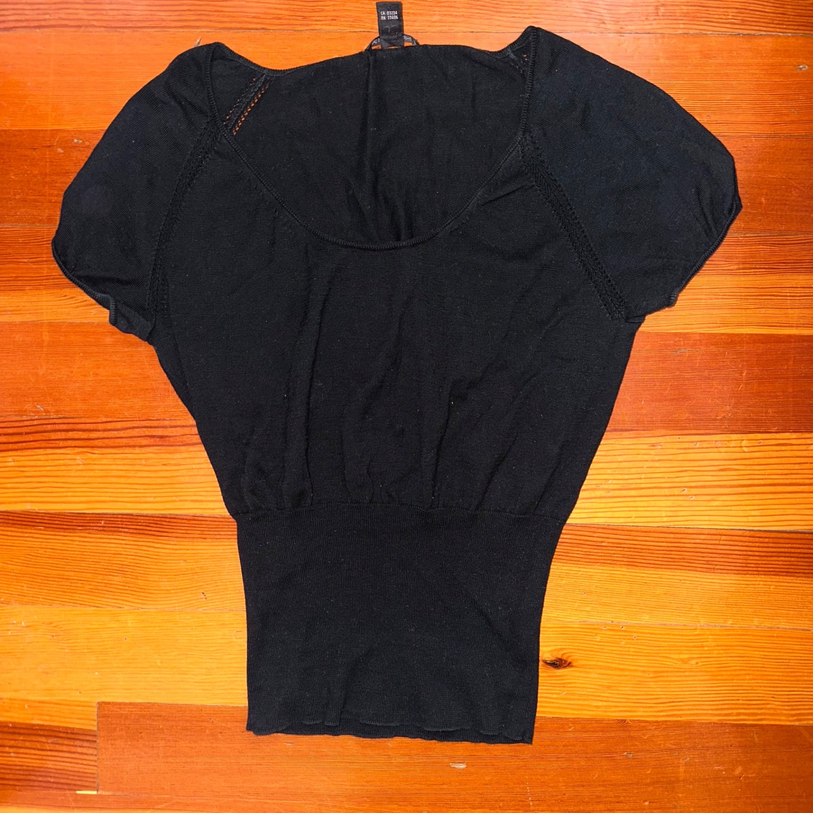 Vintage Club Monaco 100% Cotton Knit Top Black T-shirt Cinched Waist Scoop Neck