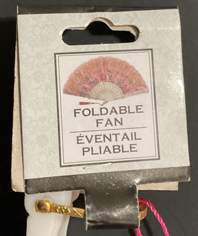 Greenbrier Pink Folding Fan White Plastic Roses Tag 9” Tall 16” Across