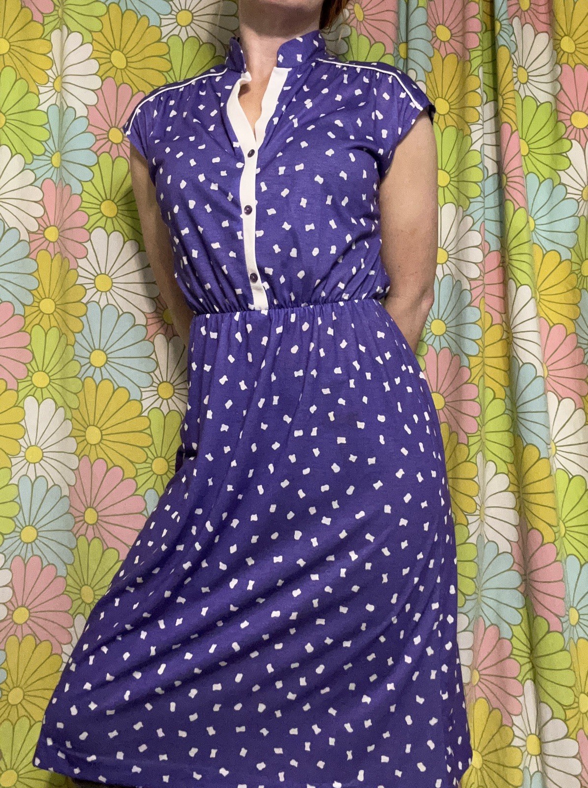 Vtg Shirtwaist Midi Day Dress Geo Dot Print Purple Retro Rockabilly Mod UNION MD