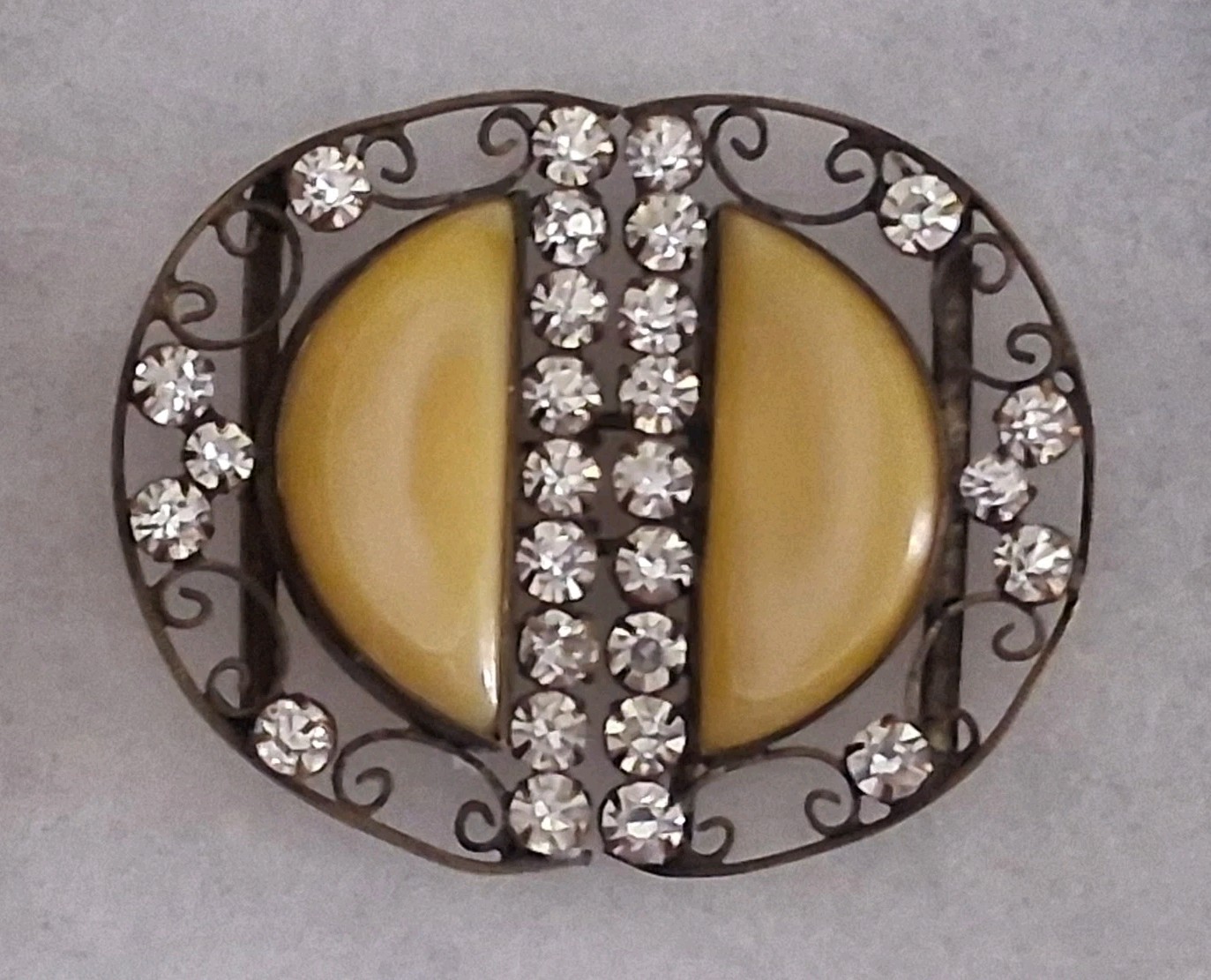 Antique Czechoslovakia belt buckle, yellow bohemian glass & crystals, filigree