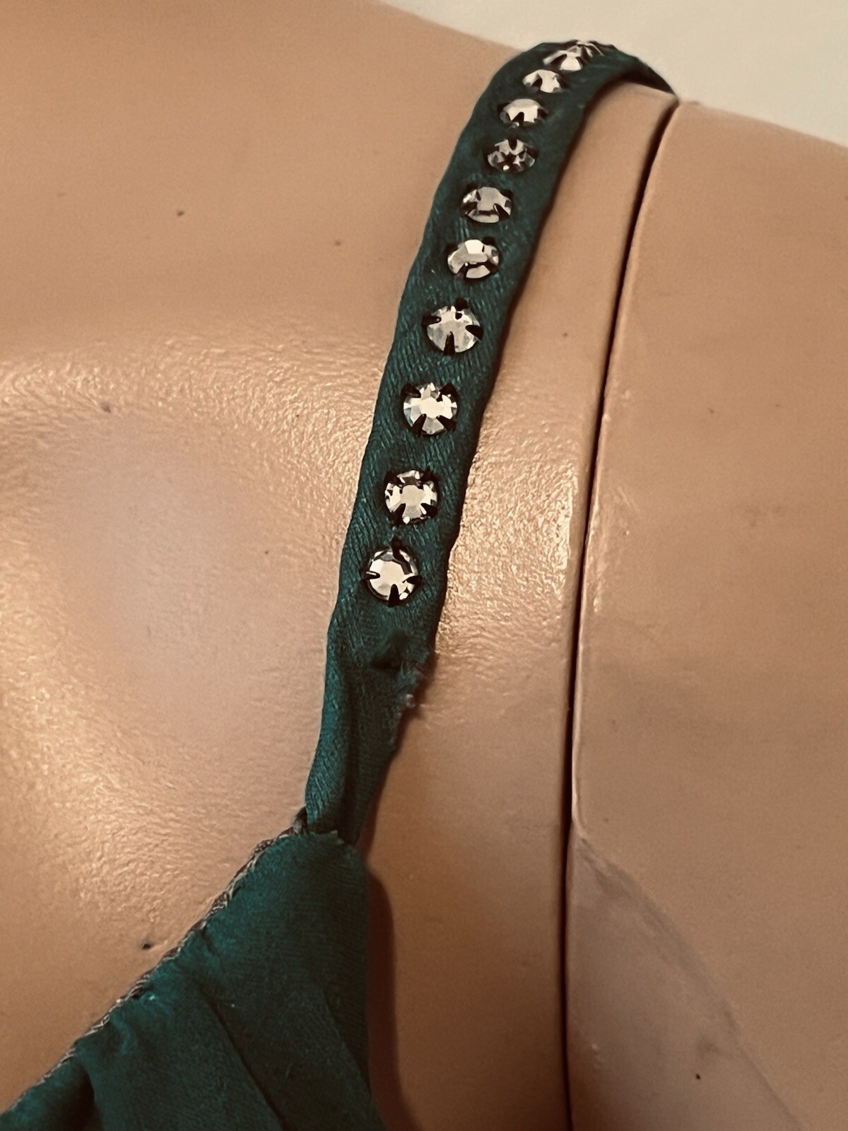 VTG 50s Emerald Green Cocktail Dress Bains Las Vegas Rhinestone Spaghetti Straps