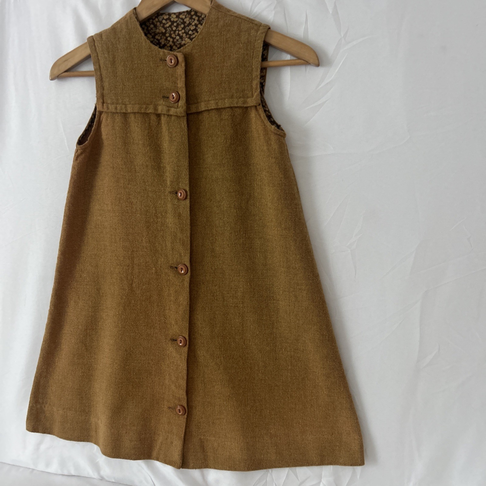 Vintage 1960’s Girl’s Brown Cotton/Linen Button Up Dress Size-M Rustic Farm