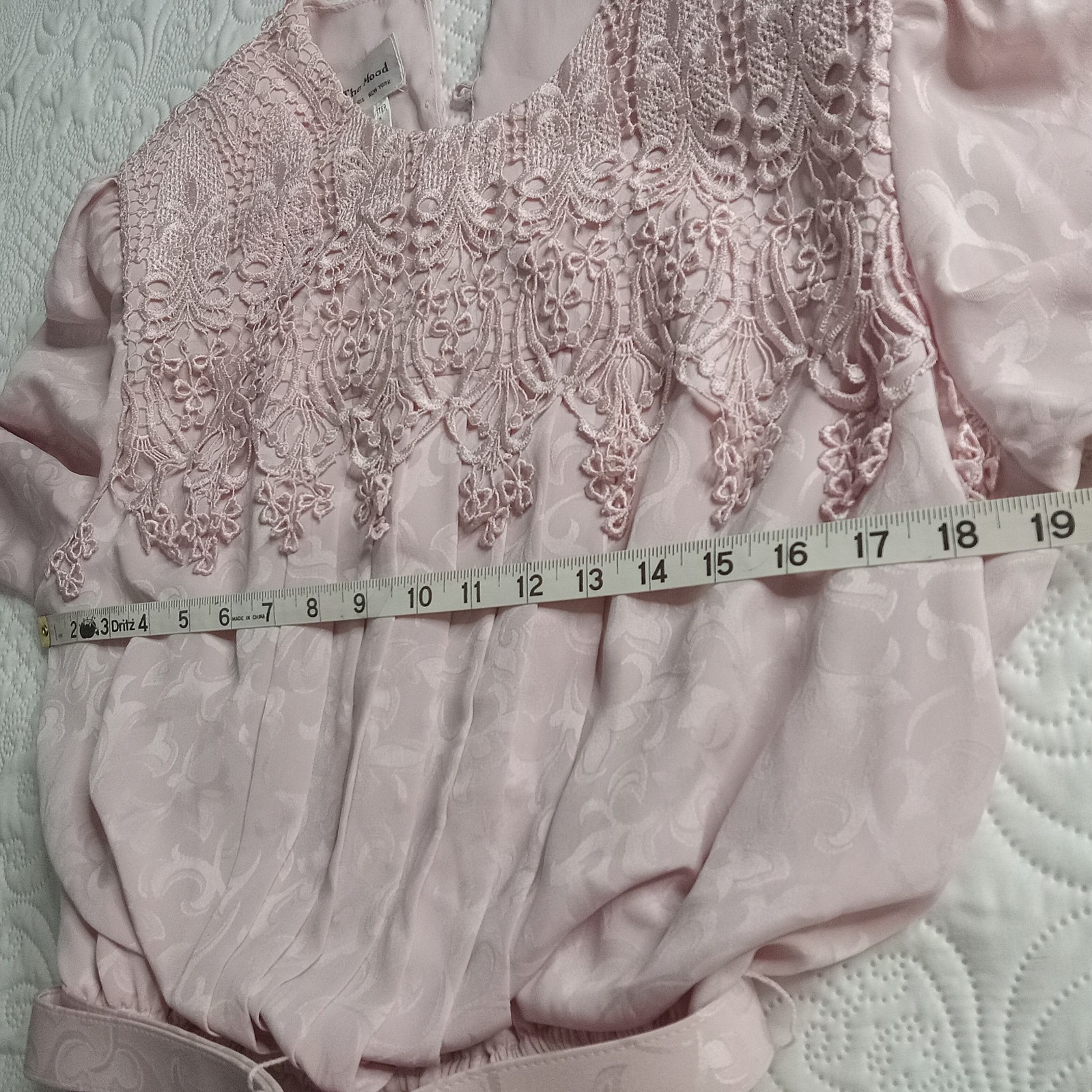 In The Mood MOB Dress 14 Pink Jacquard Belted Crocheted Pleated Vtg 80s EUC