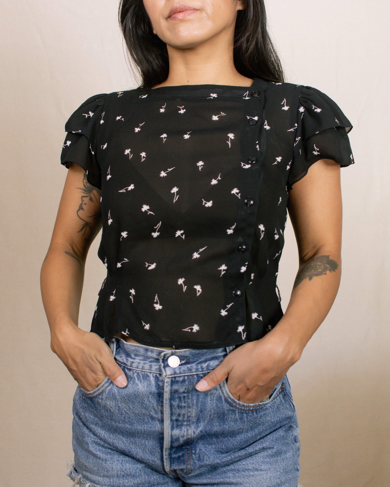 Vintage 70s Black Floral Button Down Blouse | Size XS-S
