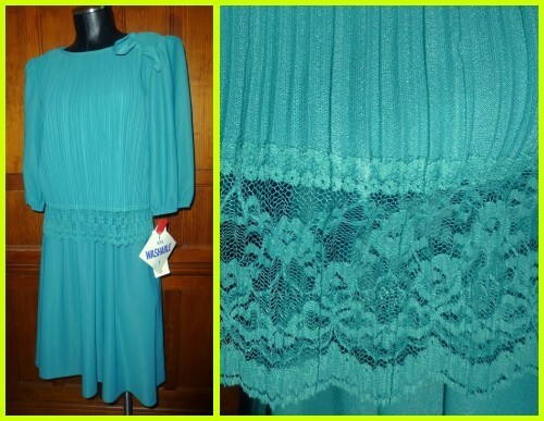 New Tag VTG 70s 80s Micro Pleat Lace Bow Boho Cocktail Secretary DRESS sz 10P