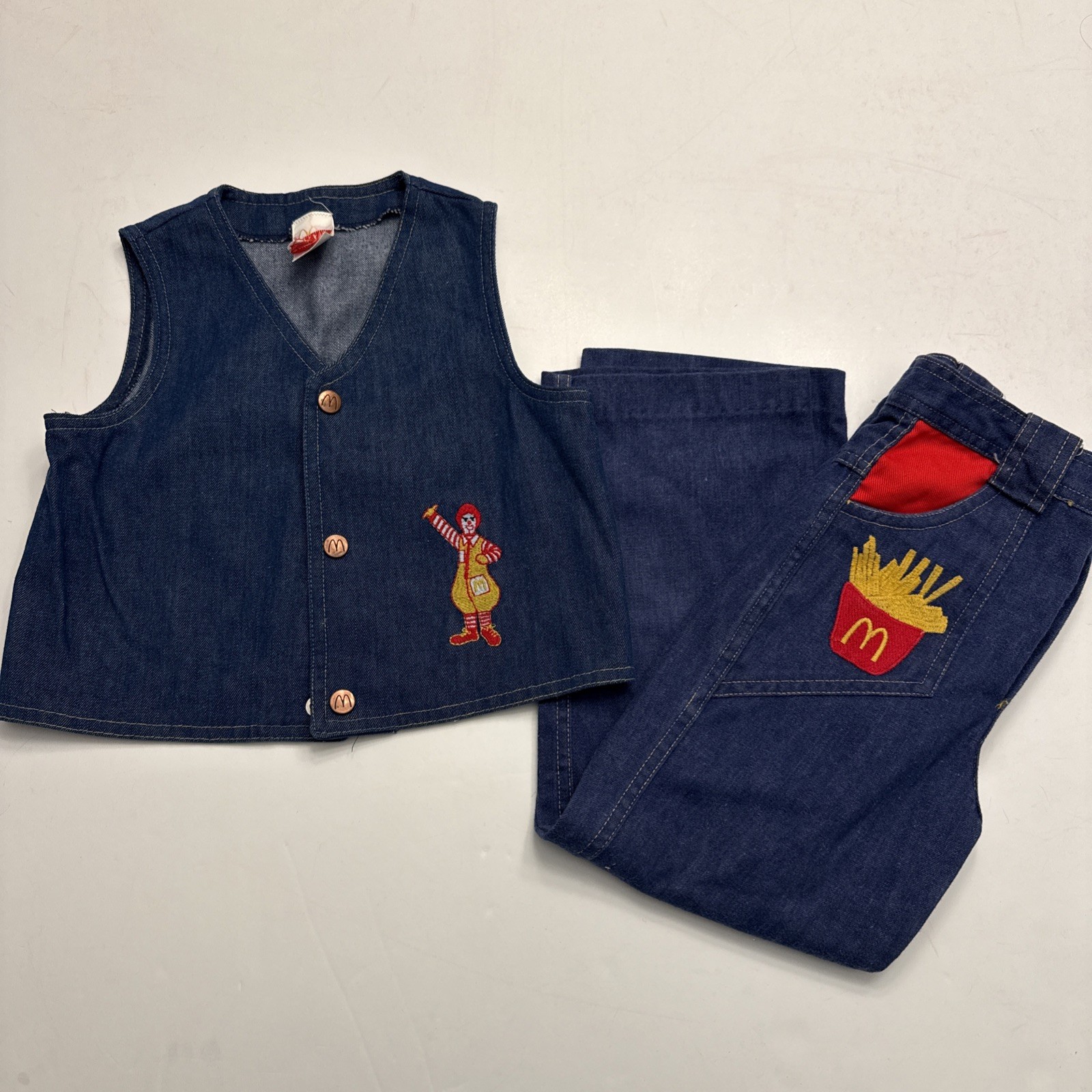 Vintage 1978 McDonald’s Kids Vest Jeans Set Embroidered Ronald Fries Size 7 RARE