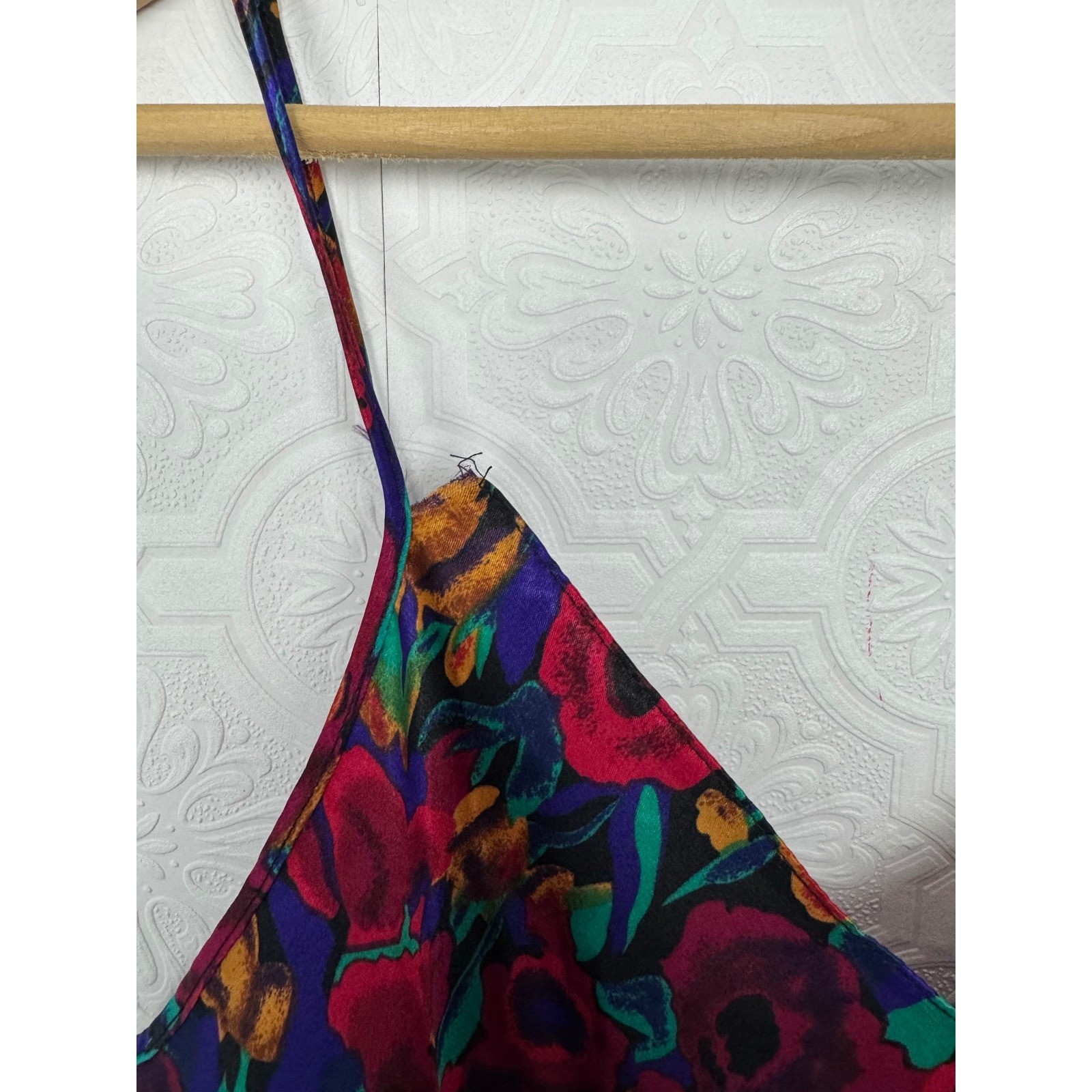 Vintage Sedu Floral Slip Dress Multi-Color Satin Mini V-Neck Spaghetti Strap 90s