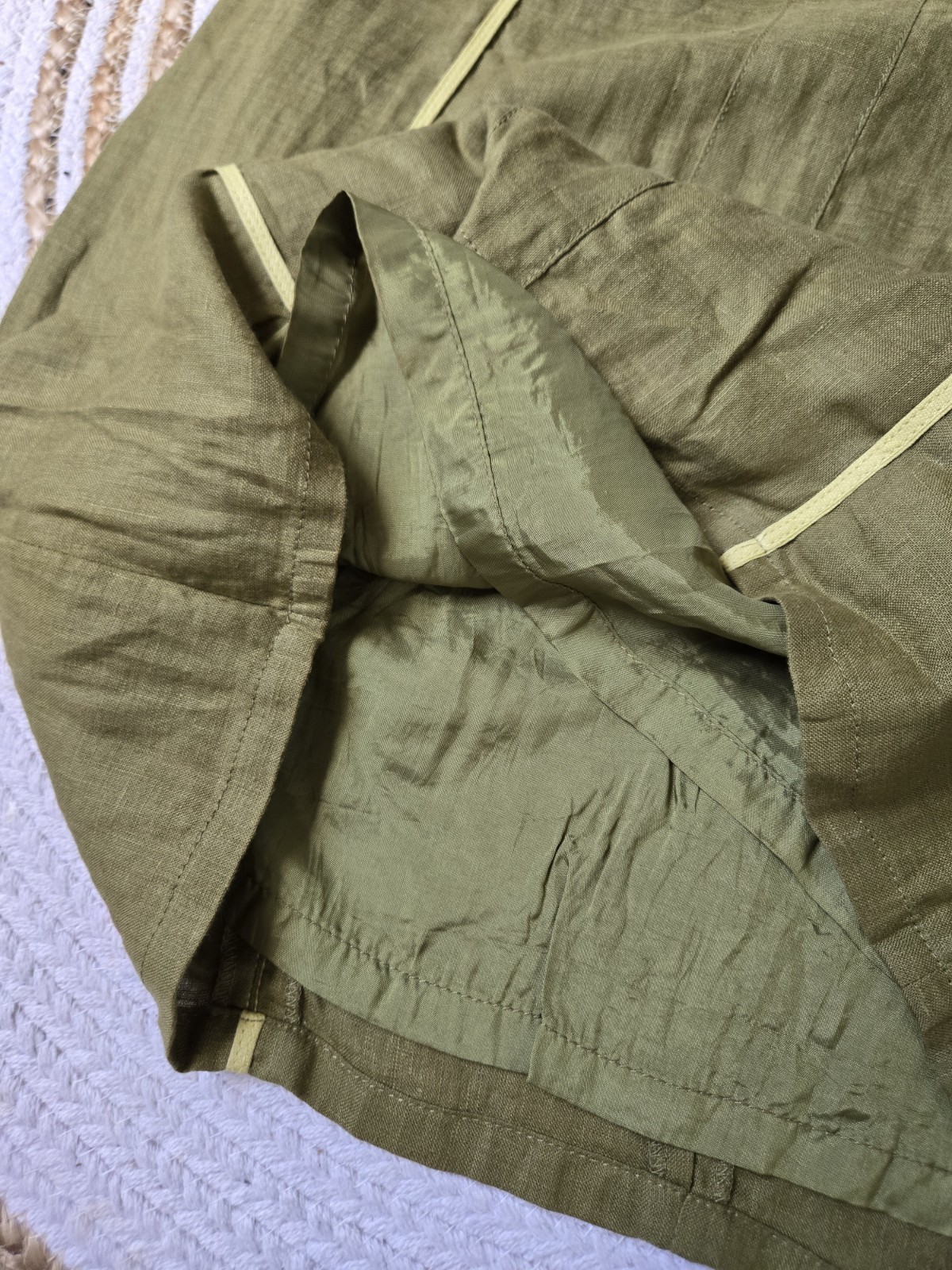 Vintage 90s Linen Blend Olive Green Mini Dress Minimalist Panel Contrast Trim