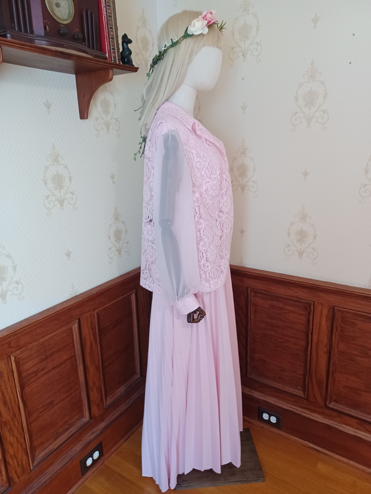 Vintage 1970s 3 Piece Pink Romantic Prairie Accordion Pleat Maxi-Dress, Sz 22.5