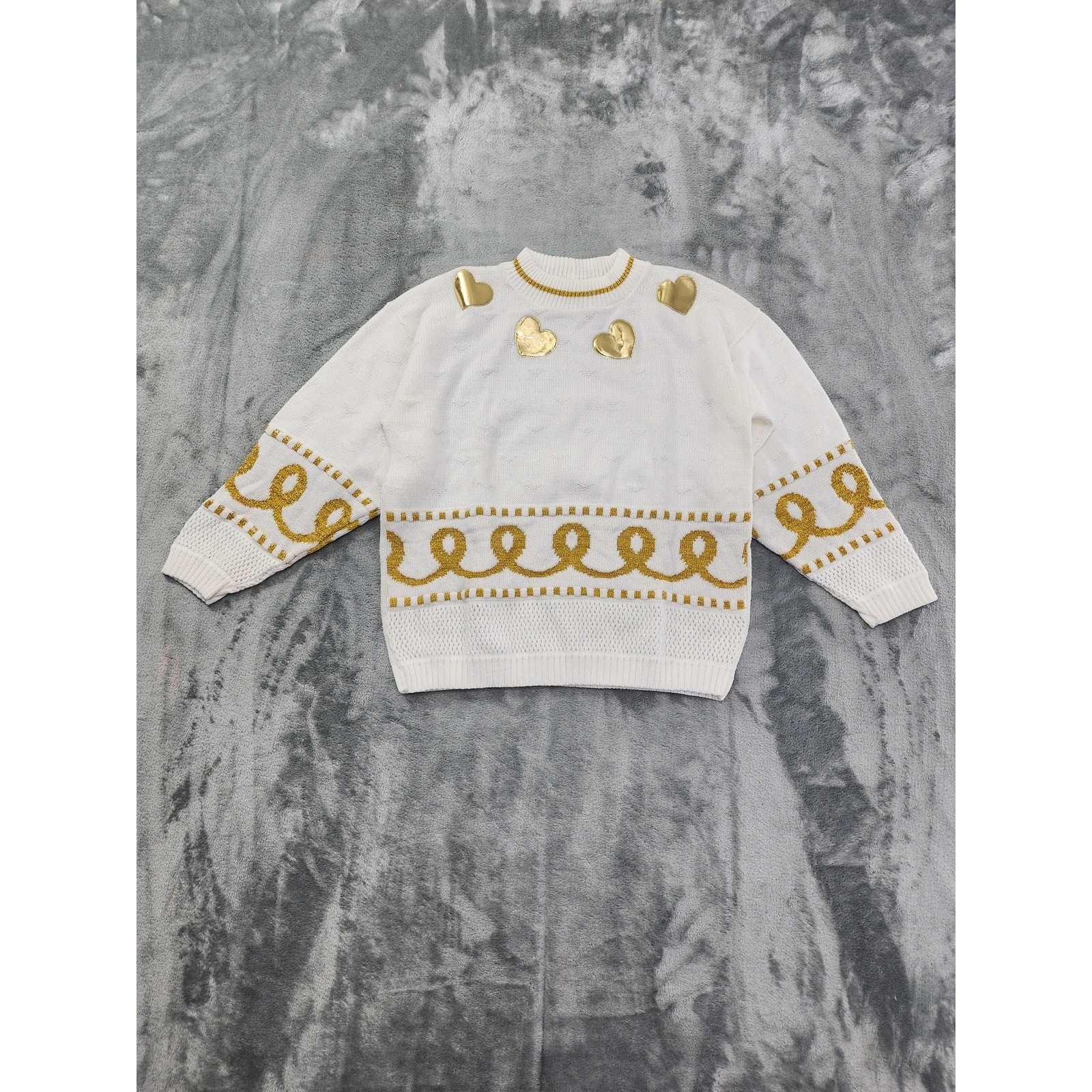 Vintage 70s Justin Charles Crop Sleeve Sweater Size L Metallic Gold Swirl Heart