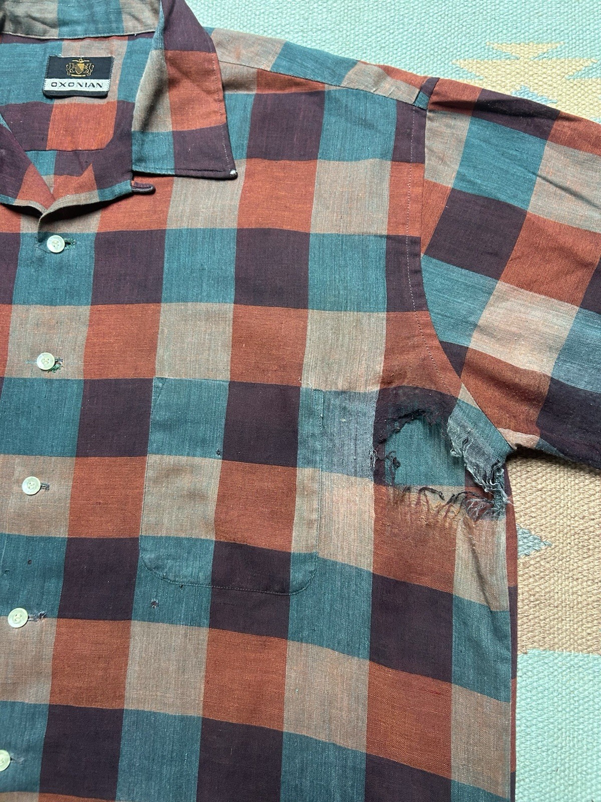 Vintage 60s long sleeve button shirt loop collar plaid poly cotton distressed XL