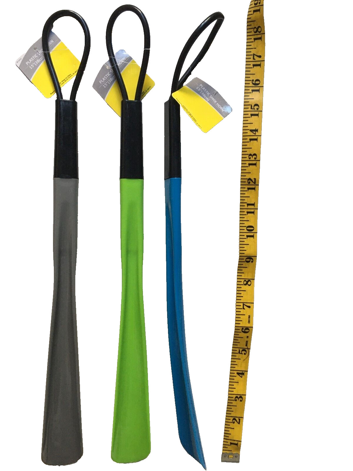 Set of 3 Long 15″ (38cm) Plastic Shoe Horns Flexible Handle Green Blue Grey New