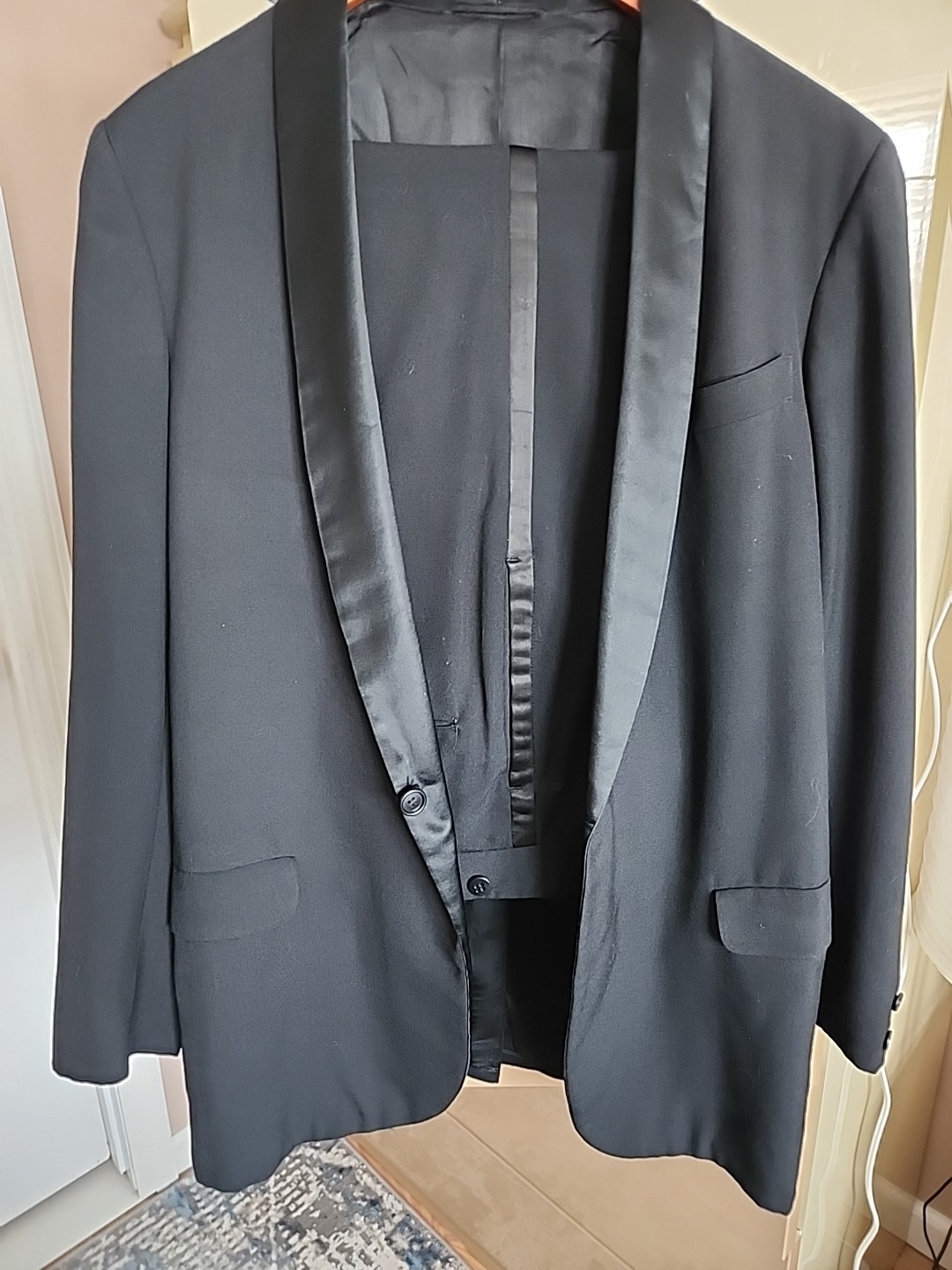 Vintage 70s Jack Silver Tuxedo Suit Black Satin Shawl Collar Union Made USA