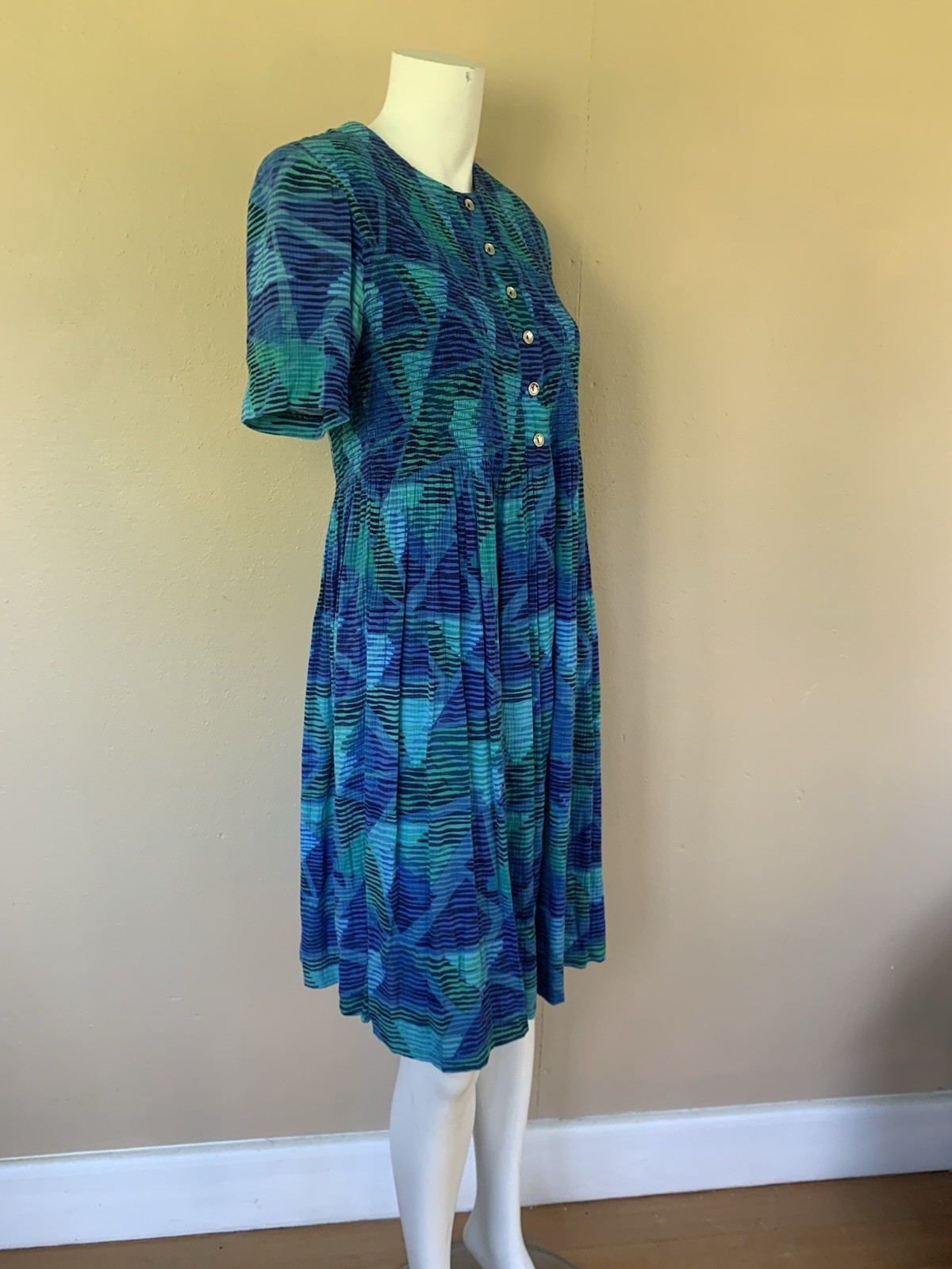 Vintage 90s Short Sleeve Geometric Print Babydoll Midi Dress
