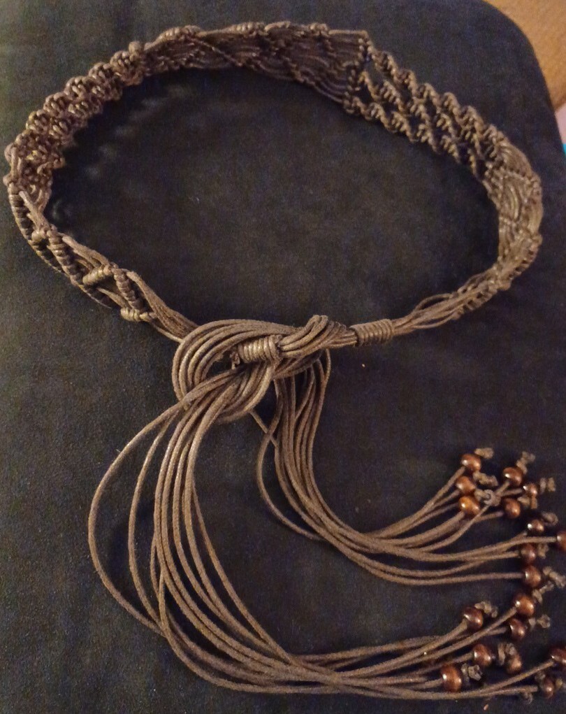 VTG Brown Woven Multi-textured Hippie Boho Braided Belt Wooden Beads 54″ Long