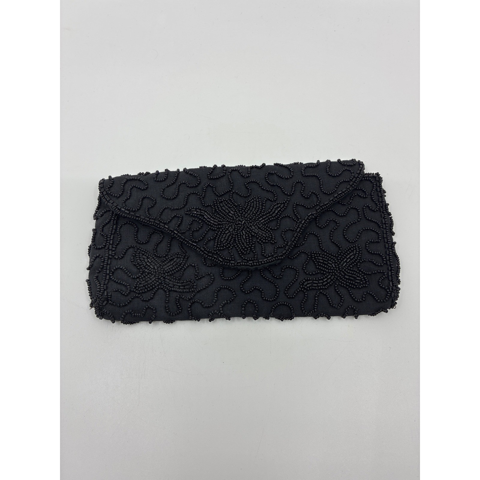 Walborg Vintage Black Beaded Clutch Bag Handmade in Belgium Floral Scroll