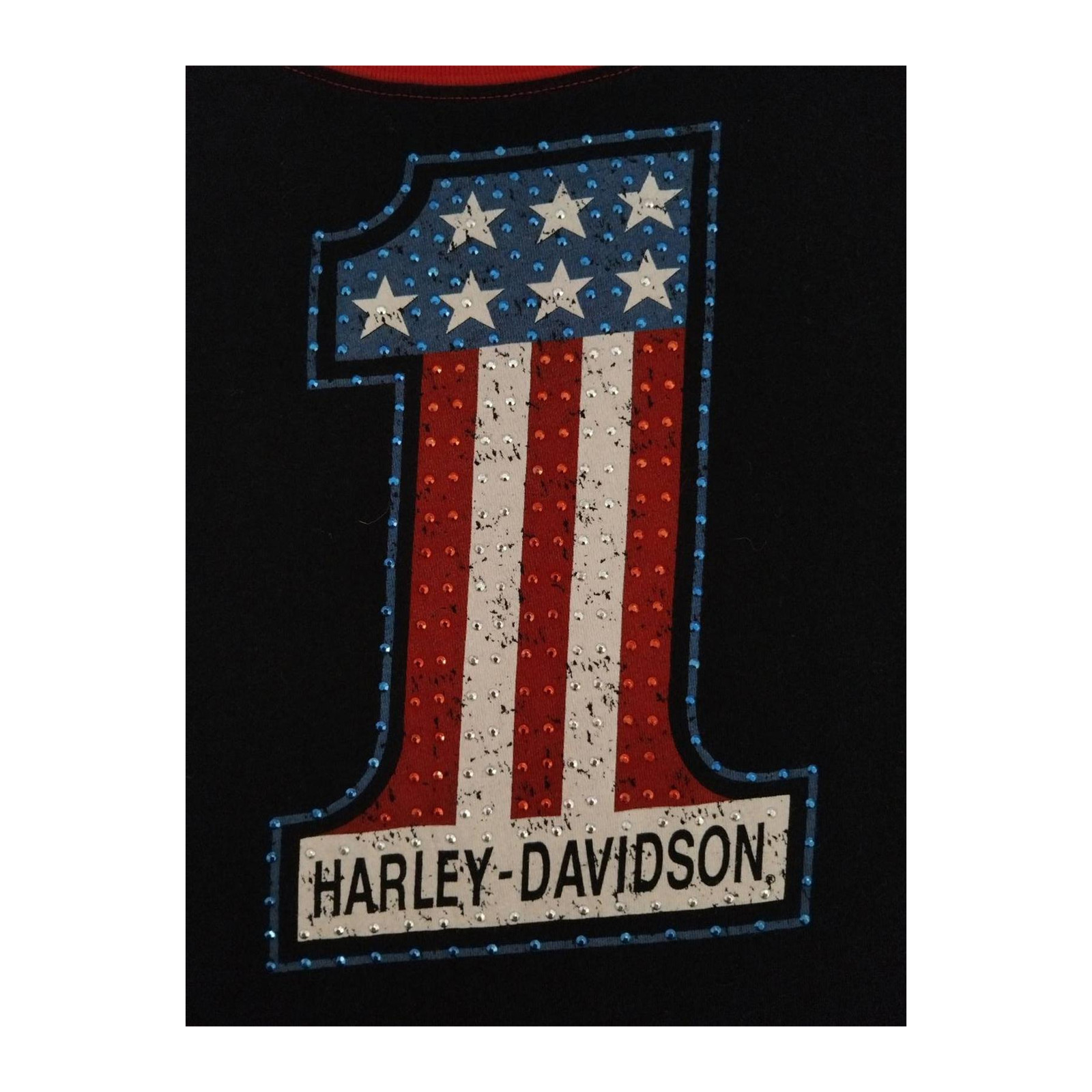 Harley Davidson Women’s Bedazzled USA 1 Short Sleeve Baseball T Shirt Black 2XL