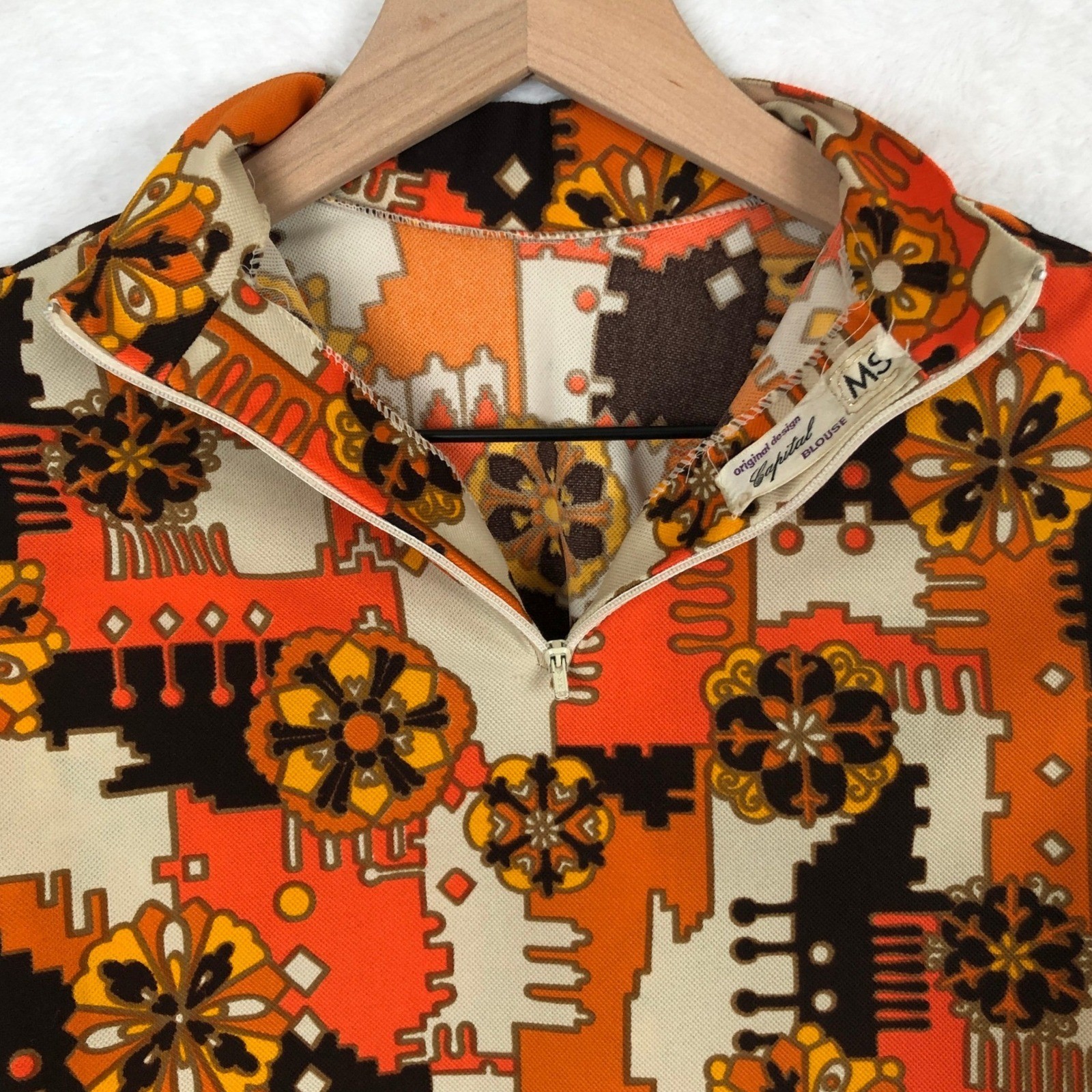 VTG 60s 70s Capital Blouse Psychedelic Mod Mock Neck Top Sz S Cropped 3/4 Sleeve