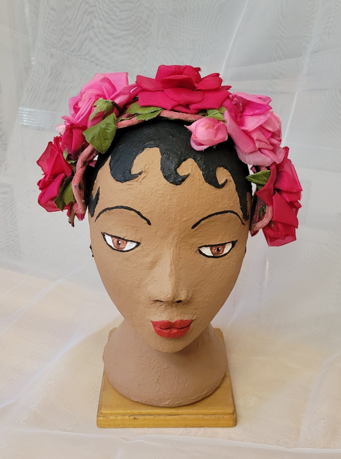 Mid Century Half Hat w/ Deep Pink & Fuchsia Roses, Rosebuds on Covered Wire Base