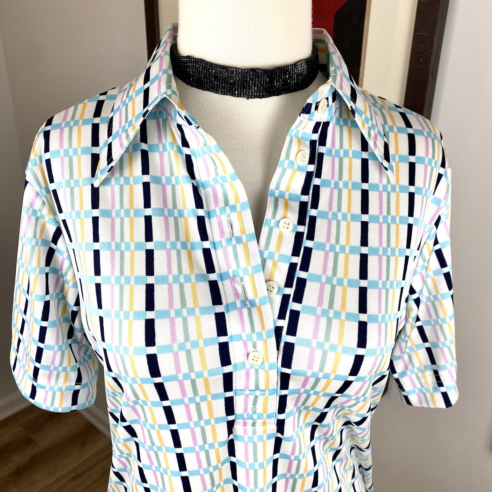 Vintage Geo Print Colorful Hooper Associates 70s Polyester Leisure Blouse 12