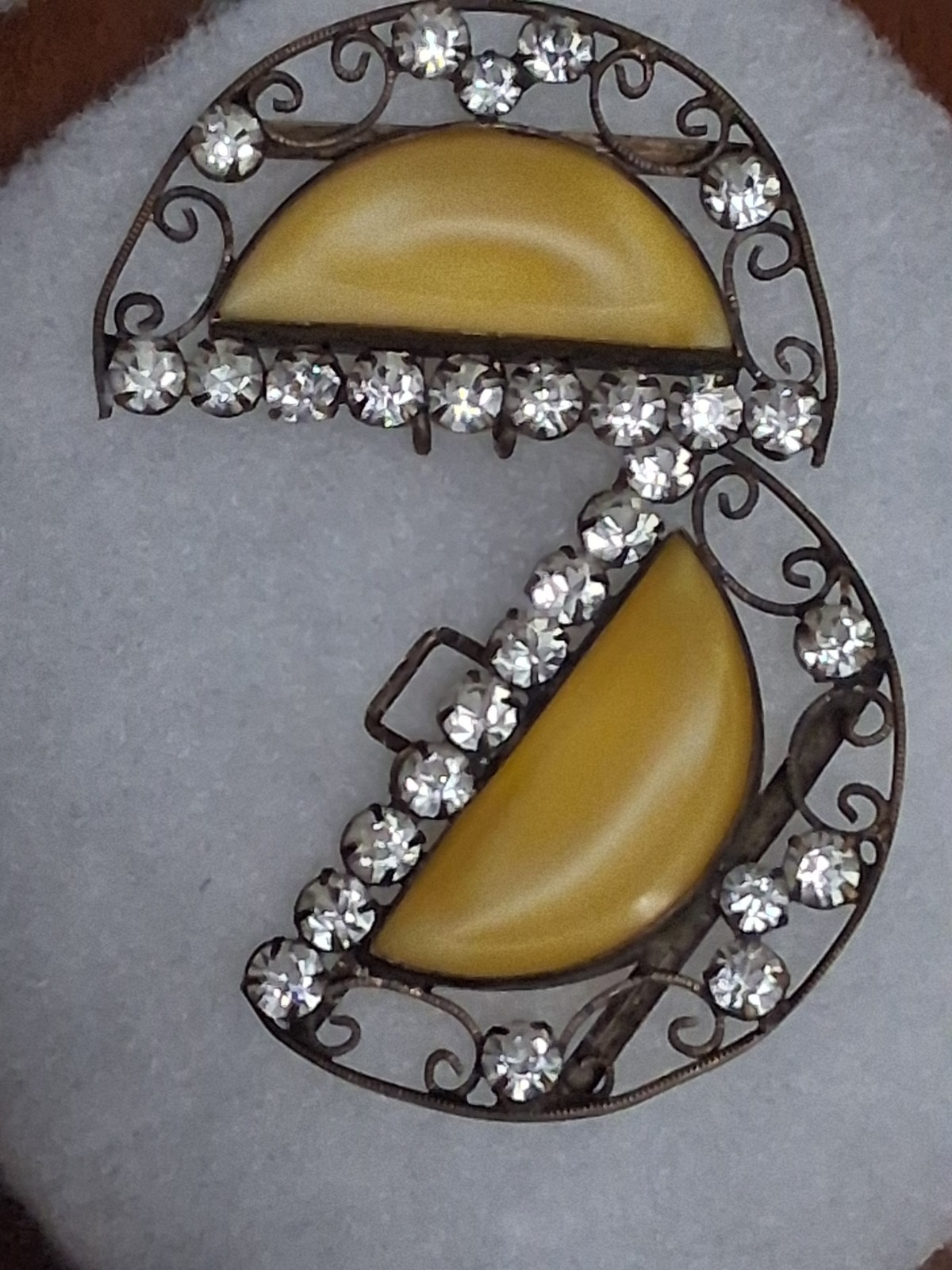 Antique Czechoslovakia belt buckle, yellow bohemian glass & crystals, filigree