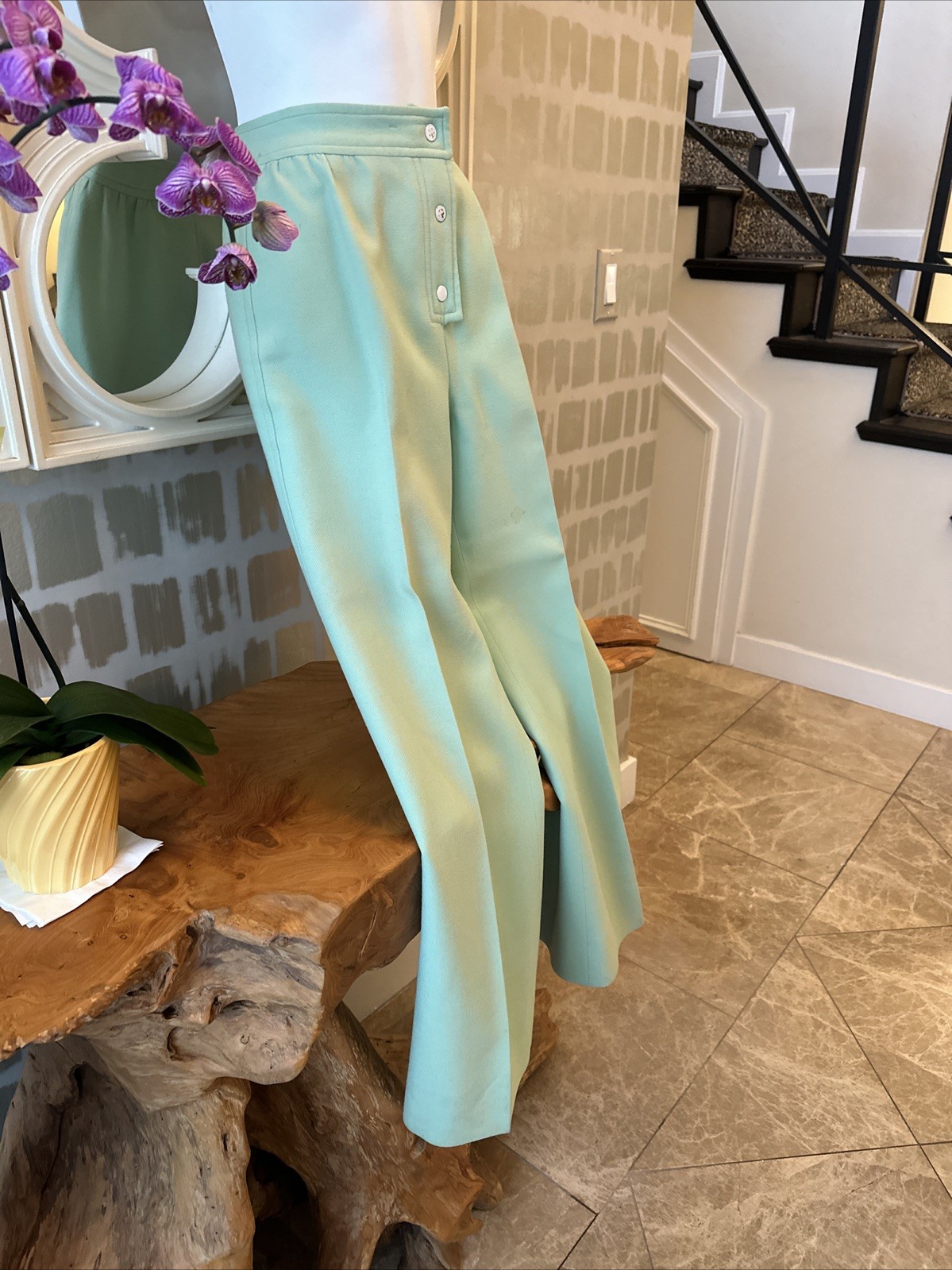 Courreges Hyperbole From I Magnin 70s High Waist Wide Leg Green Wool Trousers XS