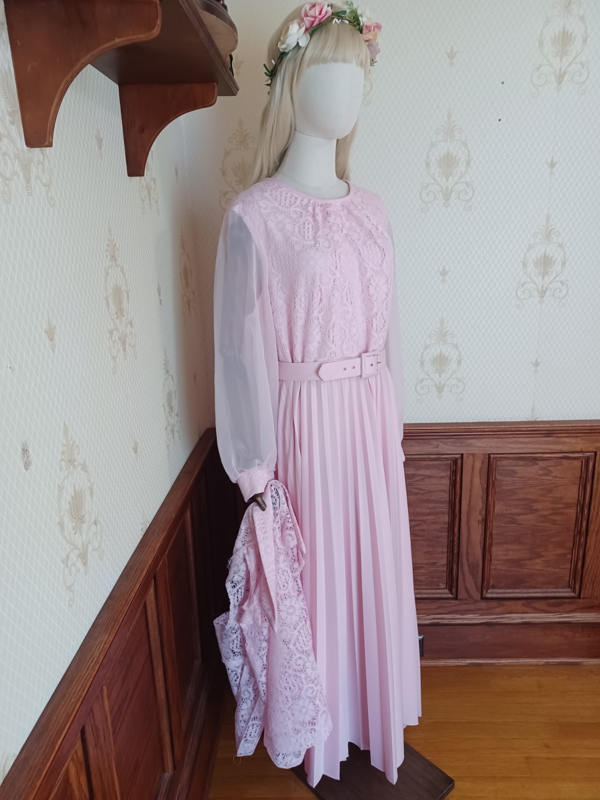 Vintage 1970s 3 Piece Pink Romantic Prairie Accordion Pleat Maxi-Dress, Sz 22.5