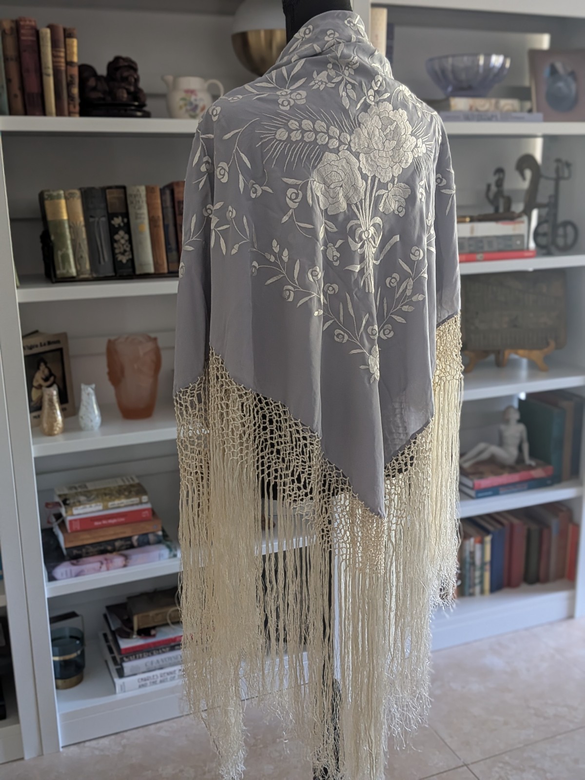 Vintage Hand-Embroidered Spanish Silk Wrap/Piano Shawl-Dove Gray and Cream