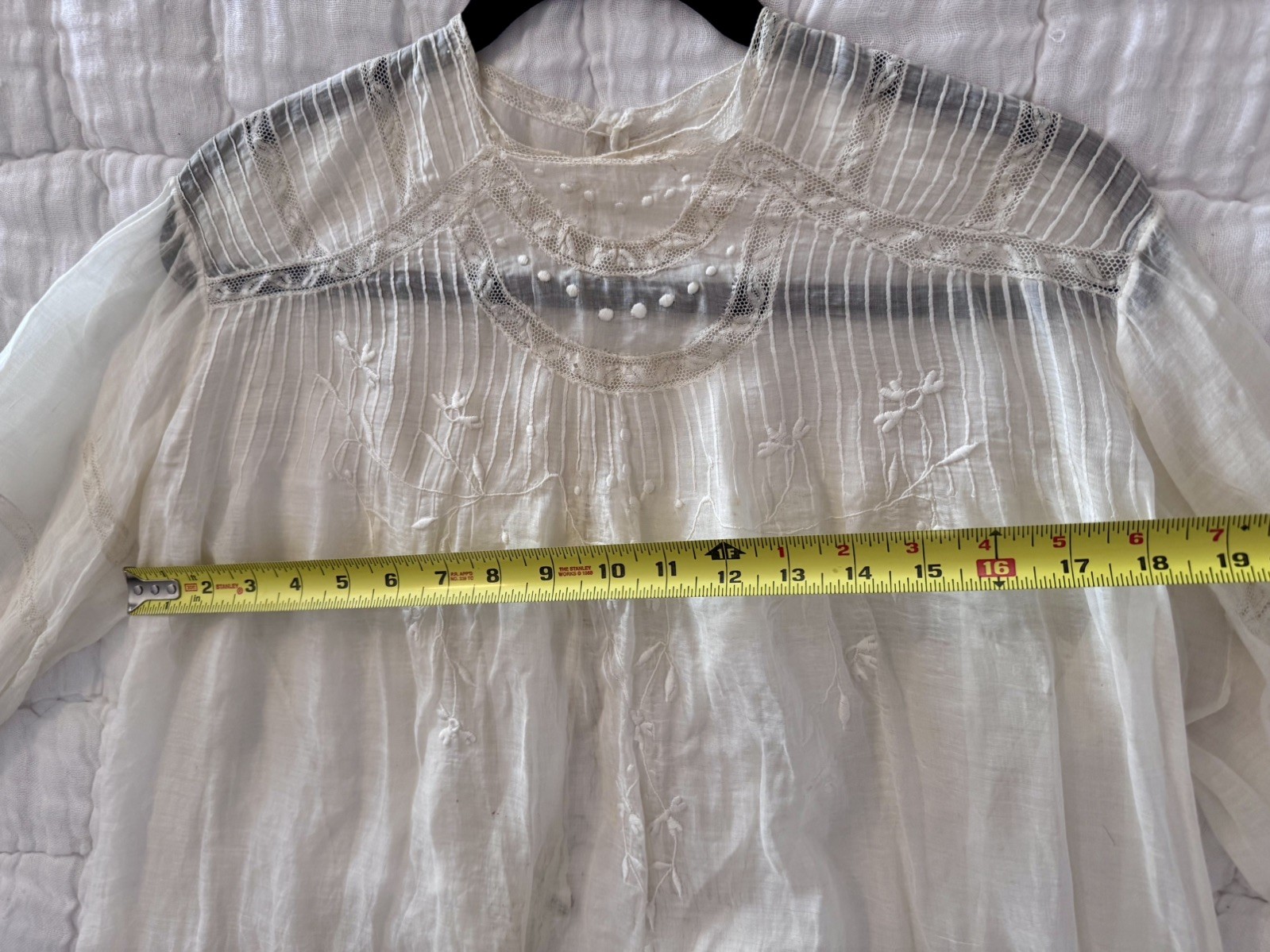 Antique Edwardian White Cotton Lawn Blouse Floral Embroidery Size S/M
