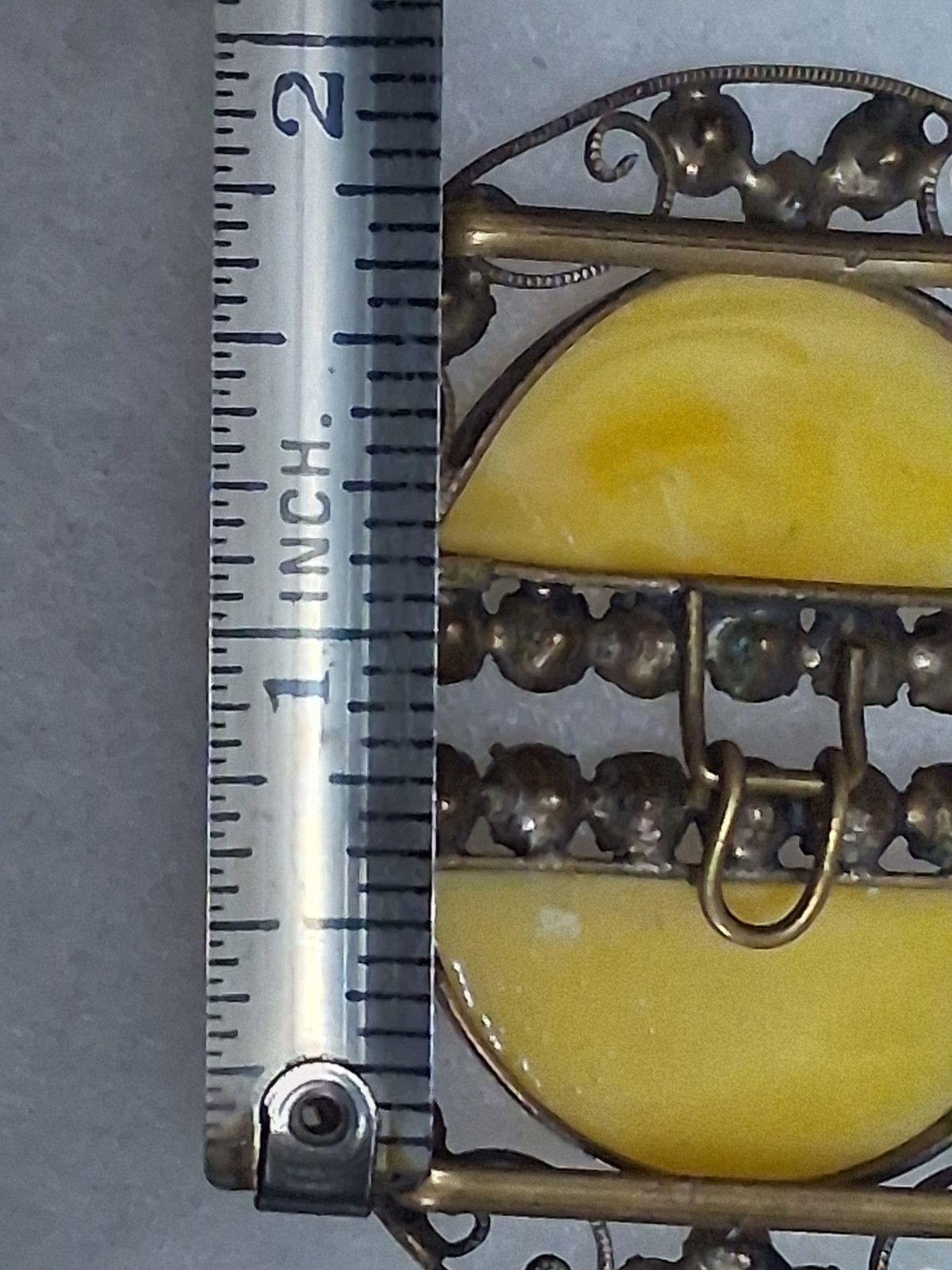 Antique Czechoslovakia belt buckle, yellow bohemian glass & crystals, filigree