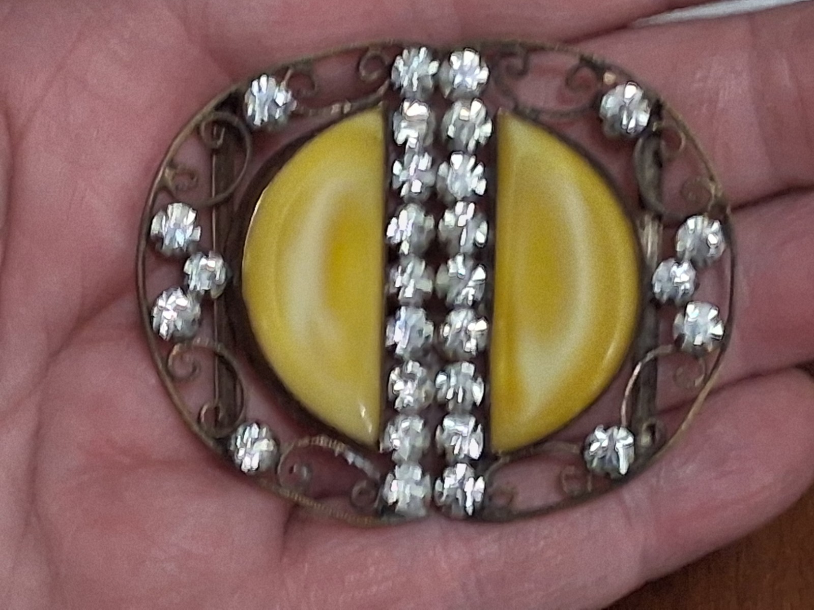 Antique Czechoslovakia belt buckle, yellow bohemian glass & crystals, filigree