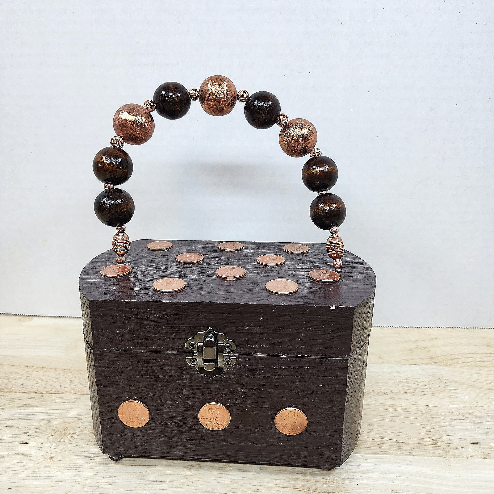 Handmade Wooden Purse Box Copper Penny Decor Beaded Handle Rustic Storage Chest