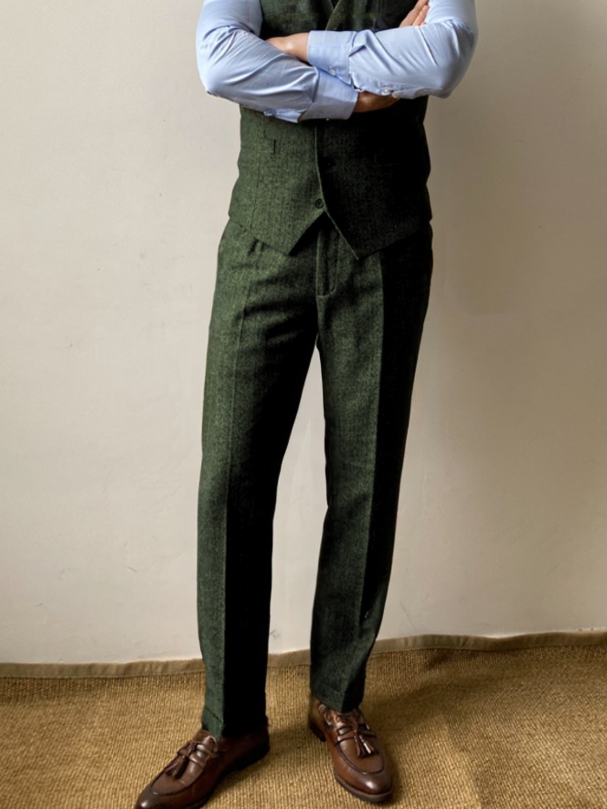 Mens Tweed Dress Pants Slacks Retro Wool Blend Adjustable Herringbone Trousers