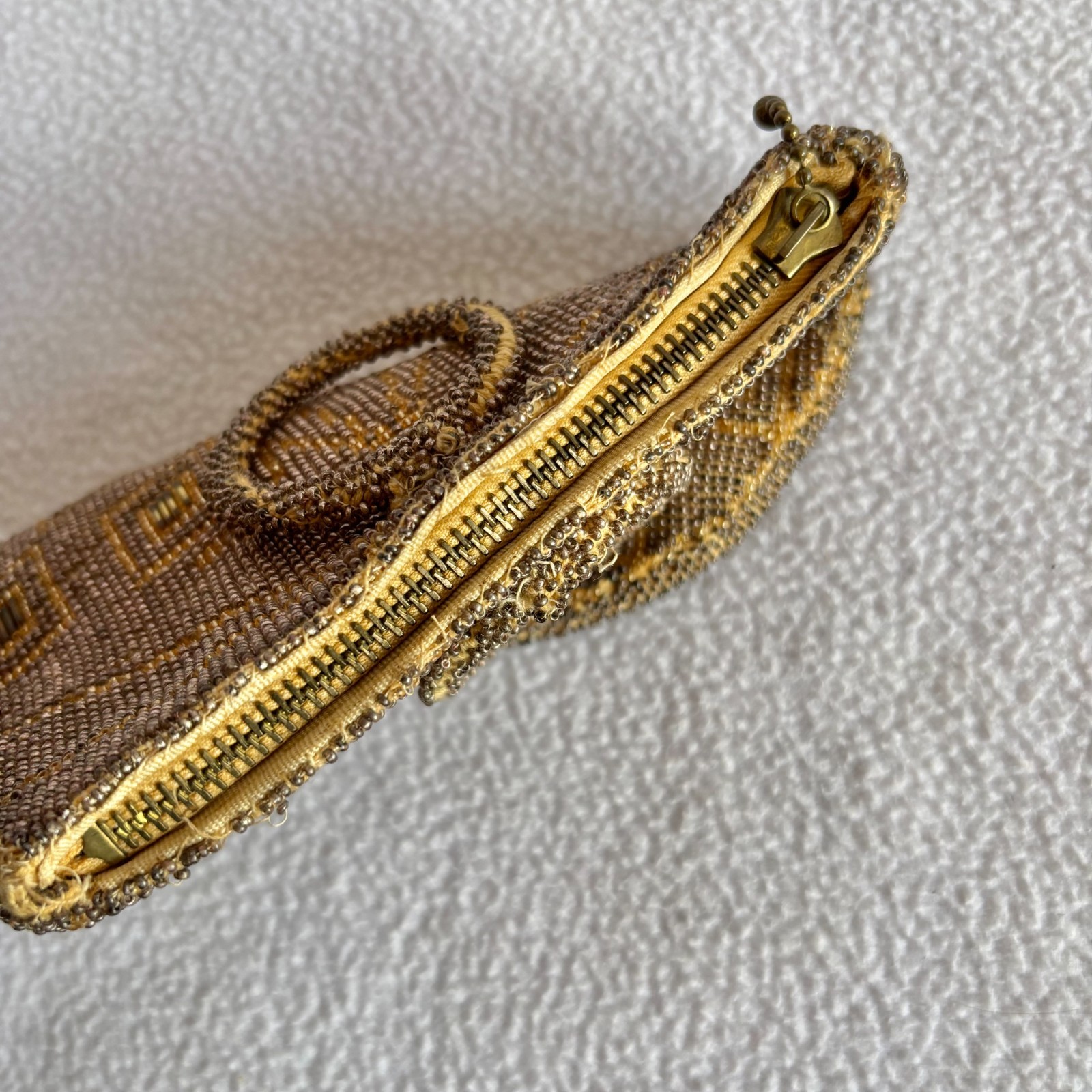 Vintage Art Deco Gold Beaded Evening Bag Purse Ring Handles Czechoslovakia
