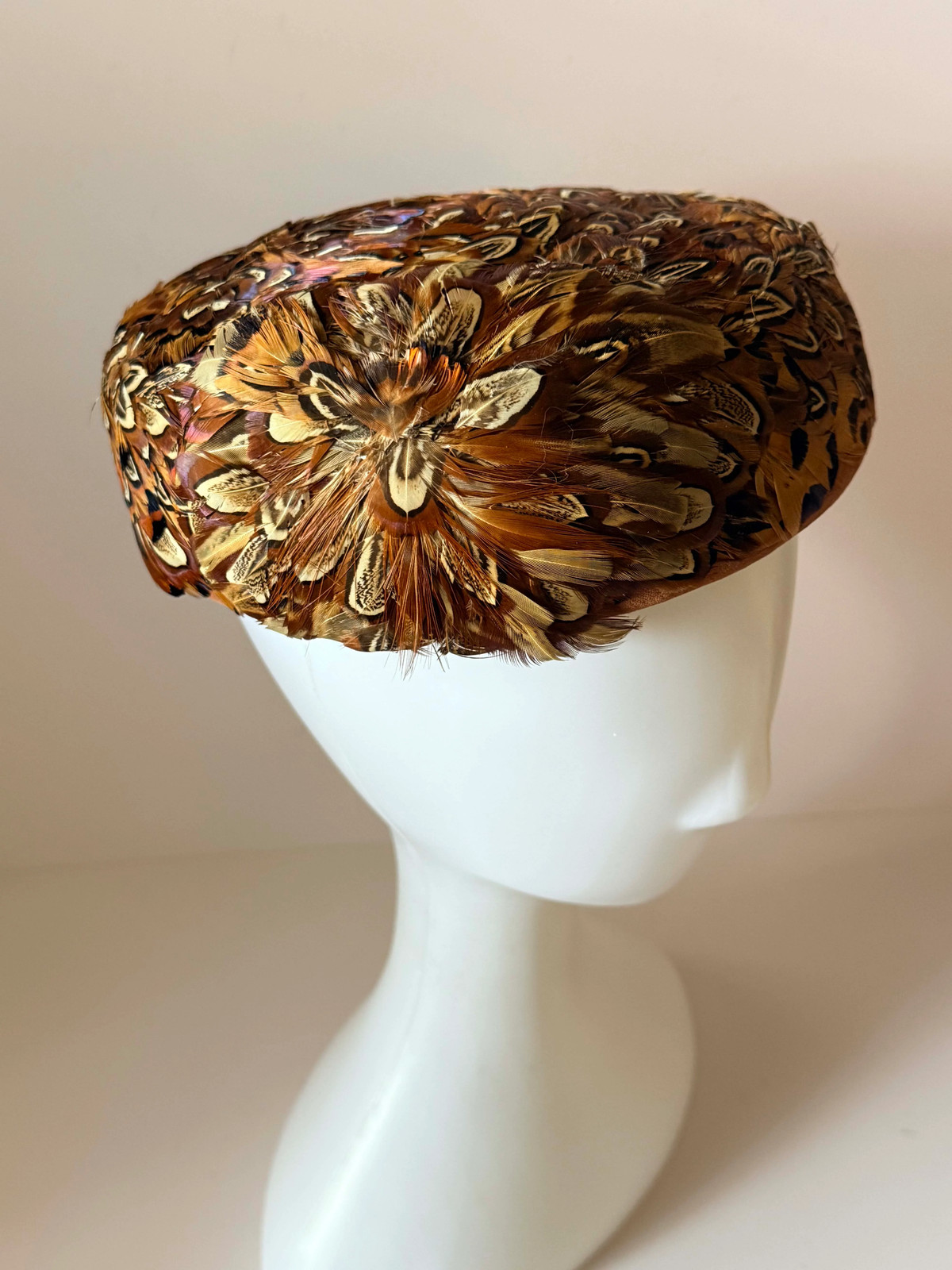 Vintage 1950s Pheasant Feather Pillbox Hat, Natural Feather Cocktail Hat, Brown