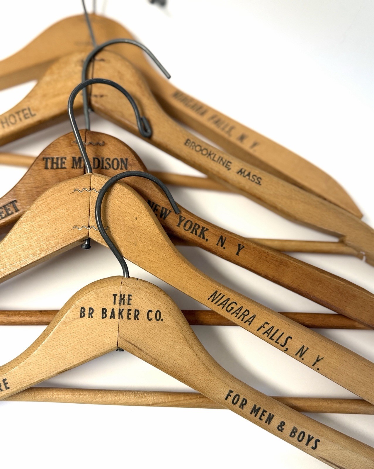 Vintage Wooden Clothes Hangers Motels NY OH MA Advertising Set Of 5