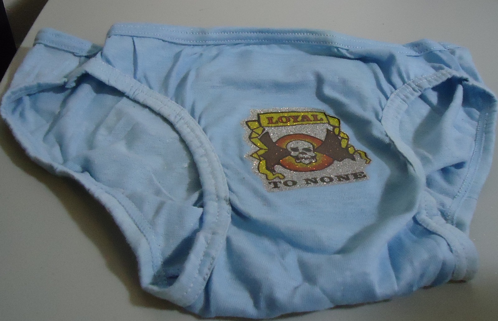 NOS Vtg Chambray Blue Bikini Underwear “Loyal to None” Iron On Briefs M Oldstock