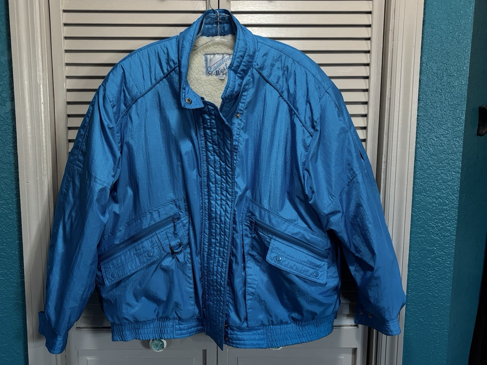 Vintage 80’s Rainbow West Large Sherpa Lined Jacket Waterproof Coating Teal Zip