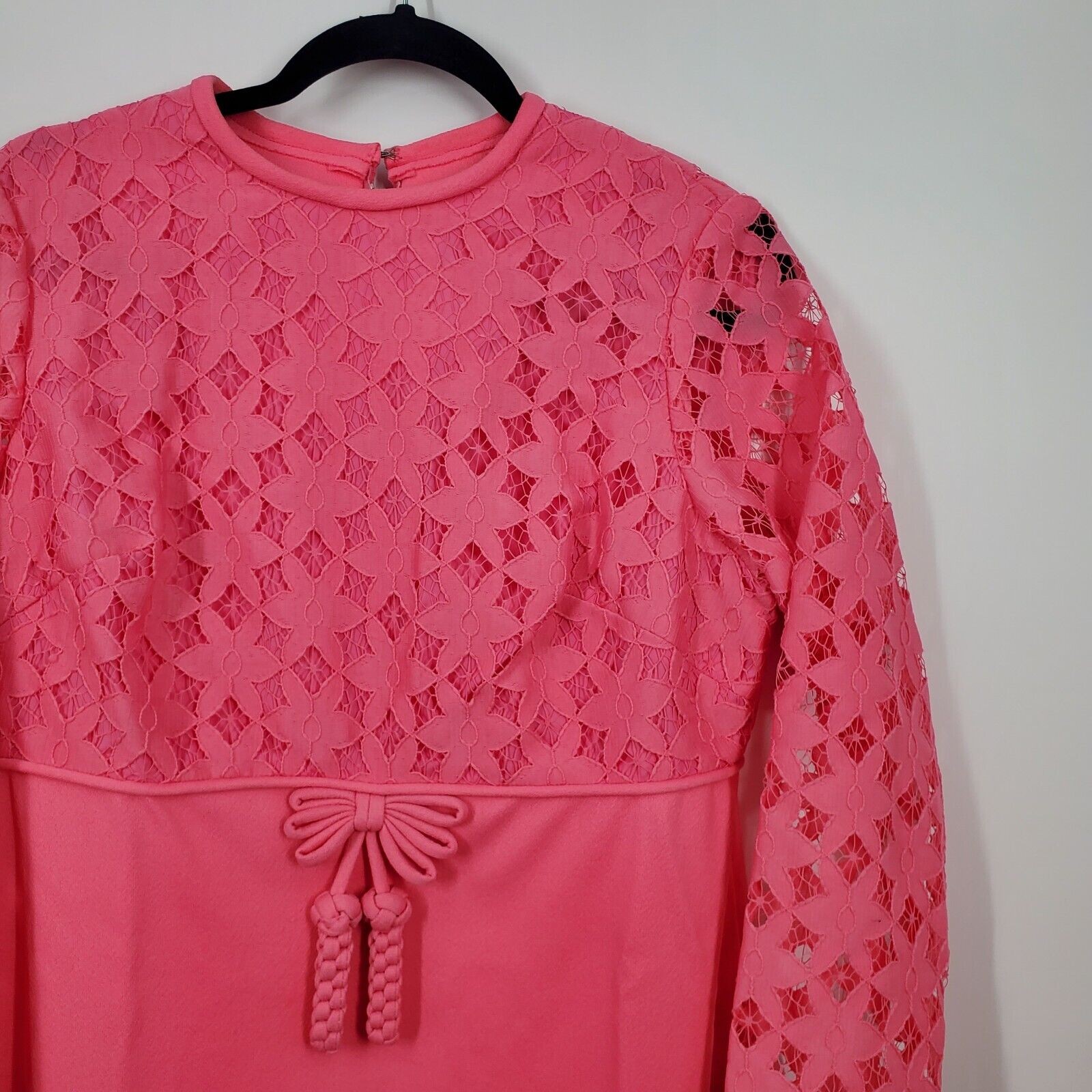 Vintage 60s 70s Pink Lace Long Sleeve Empire Waist Maxi Midi Boho Prairie Dress