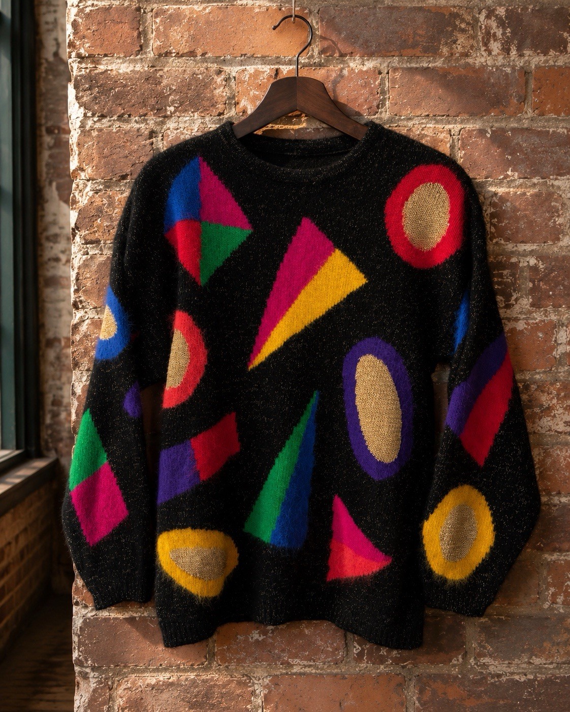 RARE Vintage 80s Rafaella Angora Wool Geometric Sweater Black Colorblock Art M