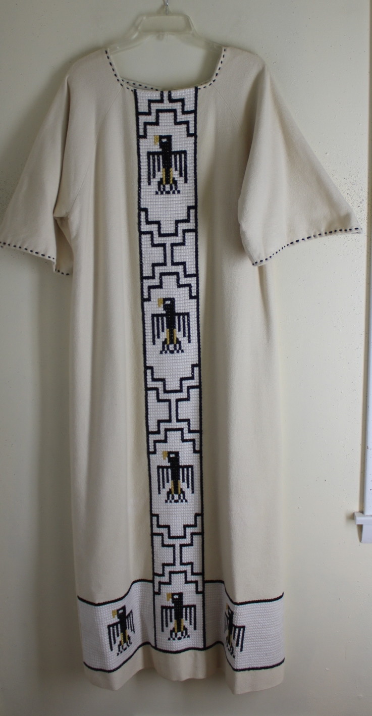 Suzette Paris Santa Fe L XL ART 1970s VTG Western Thunderbird Creamy Long Dress